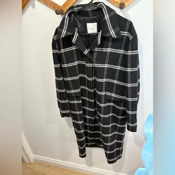 MANGO CHECKERED LONG WOOL BLEND COAT- XS - Picture 2 of 9